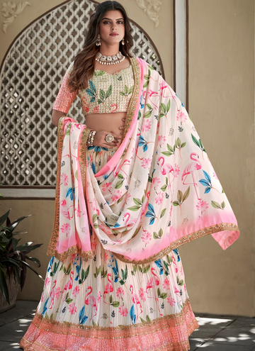 Sequence Work Crushed Chinon White Designer Lehenga Choli